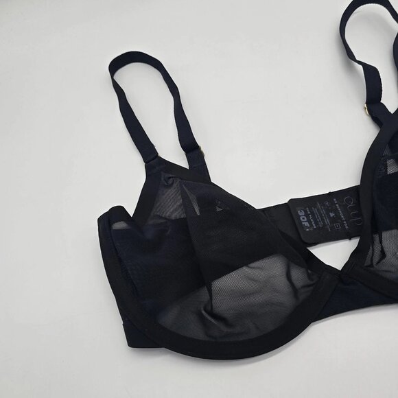 CUUP The Plunge Bra 30F Black Mesh Sheer Unlined Underwire Gold Hardware - Picture 3 of 9